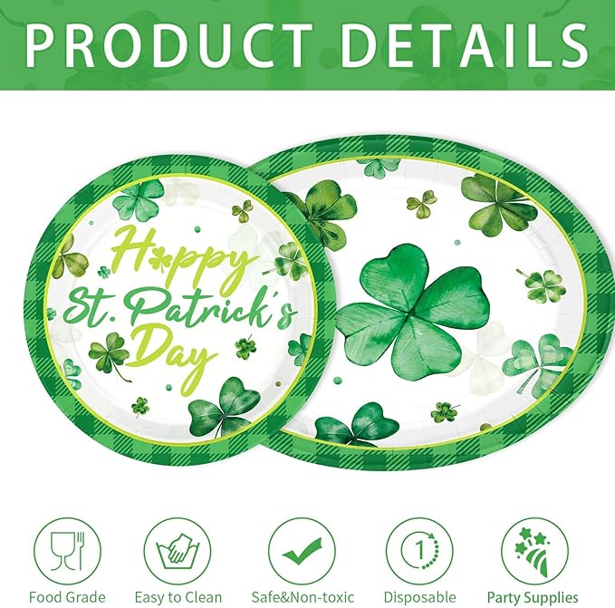 150 Pcs St. Patrick's Day Party Decorations Green Shamrock Oval Plates and Napkins Disposable Lucky Shamrock Clover Tableware Set for Irish St. Patrick's Day Holiday Party Supplies Serves 50