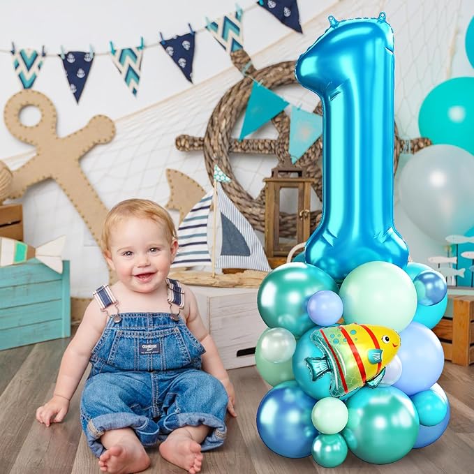 Blue Number 1 Balloon 40 Inch Ocean Under the Sea Number One Foil Balloons Tower with Shark Bubble Fish for Boys First 1st Birthday Party Decor Green Underwater Digital Aluminum Balloons Stack
