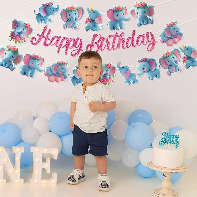 Elephant Party Banners 3Pcs Happy Birthday Garland Jungle Elephant Banners for Boy Girls Theme Baby Shower Birthday Party Supplies