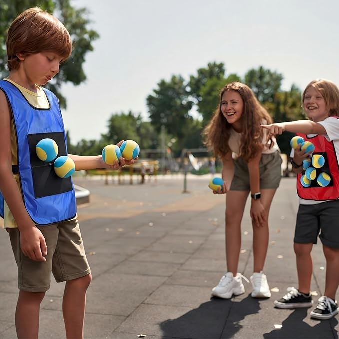 Dodgeball Target Set 20 Soft Fleece Tag Balls with 6 Sticky Vests, 6 Player Activity for Adult Indoor and Outside Play and Sports Activities