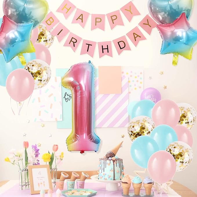 1st Birthday Decorations for Girls Gradient color Age 1 Balloons with Happy Birthdays Banner for Baby showers Frist Birthdays Party Supplies for Girls Boys (1st-Birthday)