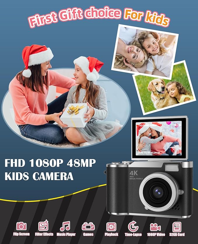 Kids Camera,4K Digital Camera for Photography,48MP 1080P HD Video Selfie Camera,with 180° Flip Screen Flash,with 32GB SD Card,for Starter Kid Children Teen Student Girl Boy(Black)