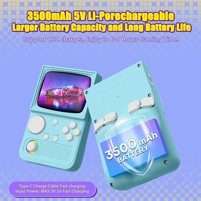 R36T Retro Gaming Console, 3.5'' IPS Screen CRT-Inspired, Handheld Game Console with 22000+ Classic Games Supports WiFi Networked Fighting and OTG, 3500mAh Battery, with Portable Case(Blue 128GB)