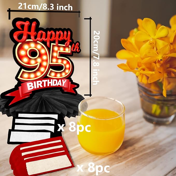 Happy 95th Birthday Red and Black Table Honeycomb Centerpieces Balloons Theme Decor Table Decorations Table Toppers for Girls Women Princess 95 Years Old Birthday Party Bday Supplies Background Gold