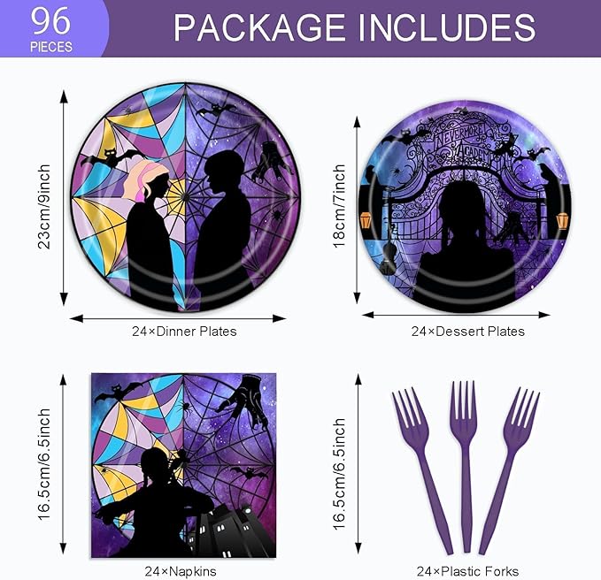 96 Pcs Wednesday Plates and Napkins Party Supplies Gothic Wednesday Party Supplies Including Wednesday Party Plates and Napkins Forks, Wednesday Birthday Decorations for Girls