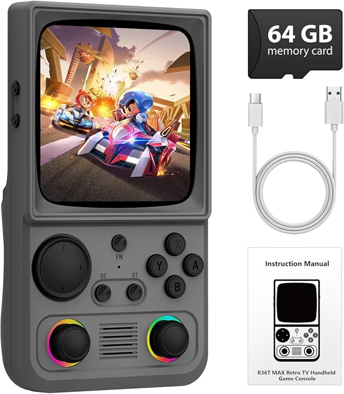 R36TMAX Handheld Game Console, Retro Gaming Console with 22,000+ Classic Games, 4.0 Inch IPS HD Screen, Supports WiFi Networked Fighting and OTG, 4000mAh Battery (Gray 128GB)