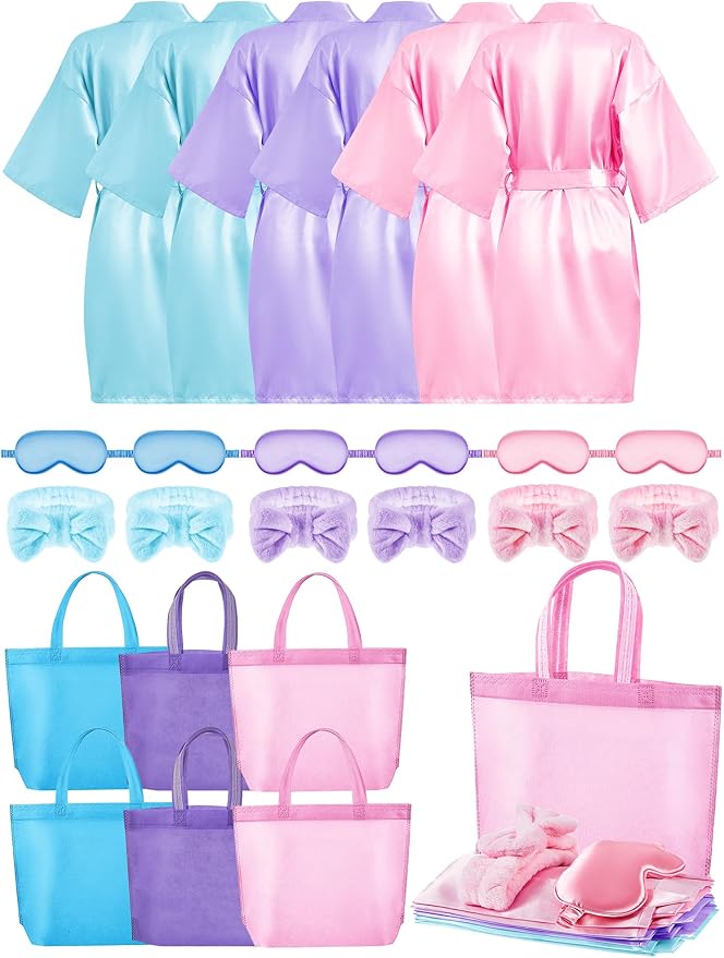 Sintuff 24 Pcs Sleepover Party Supplies for Girls 6 Spa Robes for Girls Slumber Party 6 Tote Bags 6 Headbands 6 Spa Masks