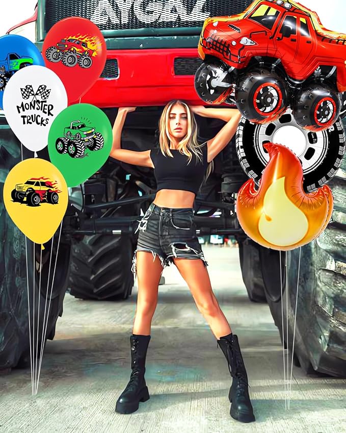 Monster Truck Theme Birthday Party Decorations Wheels Balloons Fire balloons Happy Birthday Truck Shaped Balloons for Girls Boys Birthday Baby Shower Wedding Party Supplies