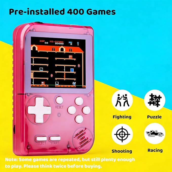 Kids Handheld Game Console Pre-Loaded 400 Classic Games, Portable Video Game Console with 2.8" Color Screen, Rechargeable Battery, Handheld Electric Game Console for Boys Girls (Red)