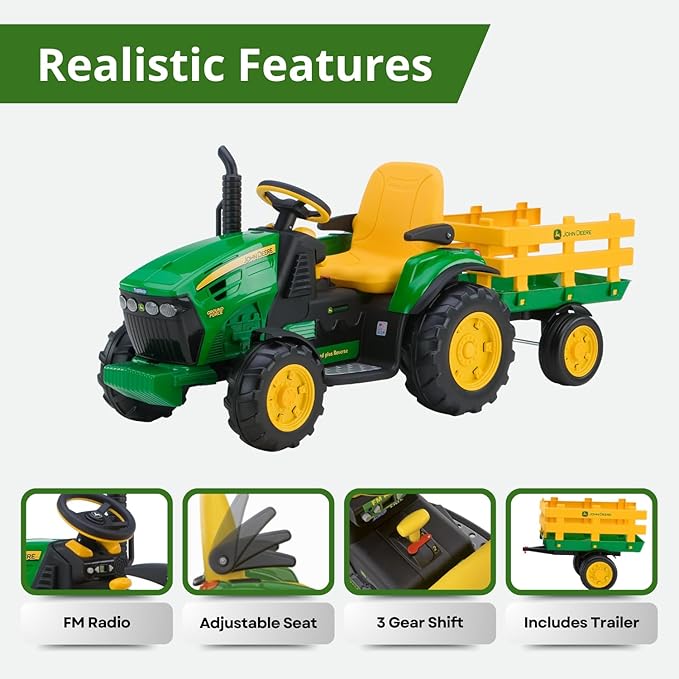 Peg Perego John Deere Ground Force Extra-Large 12 volt Ride-On Tractor with Trailer & FM Radio, Durable Design for Kids Ages 3-7