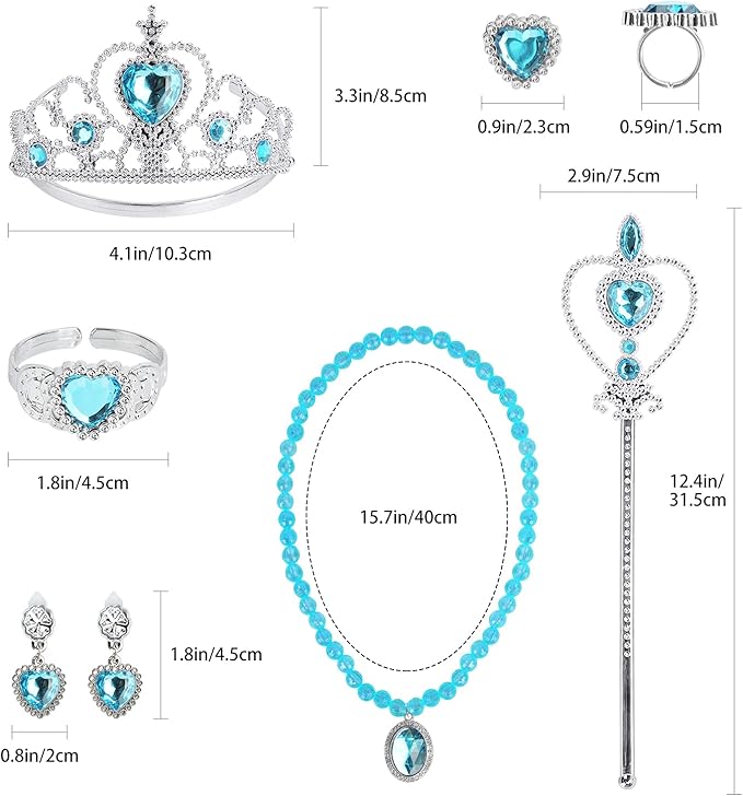 Princess Dress Up Party Accessories for Princess Costume Gloves Tiara Wand Necklace Earrings Bracelet and Ring Gift Set 9pcs (Blue, Set of 7, 9pcs)