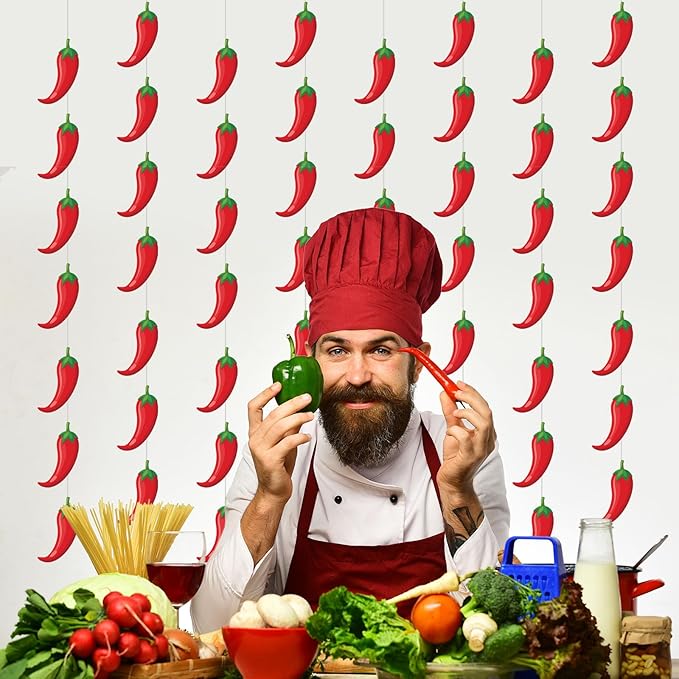 Frienda 8 Pcs Fiesta Cinco De Mayo Decorations Chili Pepper Garlands Fiesta Chili Cook off Hanging Banners Contest Tasting Competition Decor Mexican Kitchen Cook off Party Supplies(Red,Pepper)