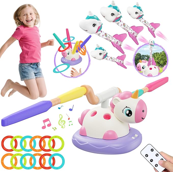 Easter Outdoor Toys for Kids, 3 in 1 Rocket Launcher, Musical Jumping & Ring Toss Games with Remote Control, Unicorn Toys for Girls, Outdoor Play Games for Toddlers 3-5 4-8 Birthday Gift Party