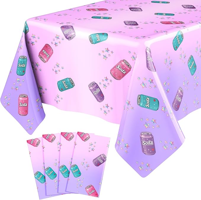 4 Pcs Birthday Party Decorations Plastic Cute Birthday Tablecloth 108 x 54 Inches Disposable Rectangle Tablecover for Boys Girls Kids Baby Shower Party Supplies (Soda Bottle)