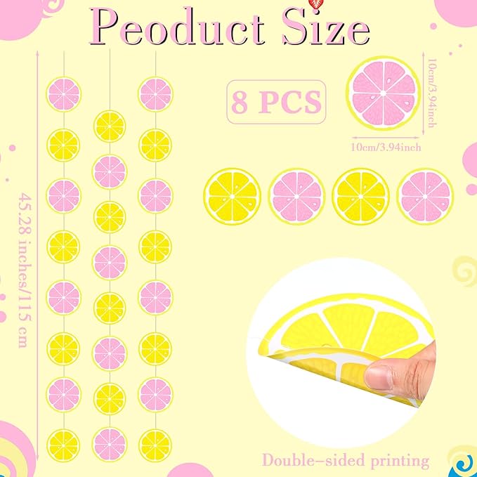 Duraaamo 8 Packs Lemon Party Banner Decorations Pink Lemon Paper Garland Summer Paper Hanging Cutouts Summer Fruit Theme Banners for Wedding Birthday Baby Shower Party Supplies Decoration(Mixed Lemon)