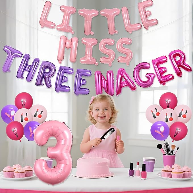 Little Miss Threenager Birthday Decorations Little Miss Threenager Balloon Banner Spa Theme Number 3 Balloons Makeup 3rd Party Supplies for Girls 3rd Birthday for Beauty Salon Bday