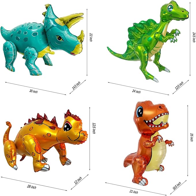 Giant 3D Dinosaur Balloon for Birthday Party Decorations, Cute Self Standing Dino Balloons, Aluminium Foil Balloons for Birthday Party Supplies Decor (4pack Dino)