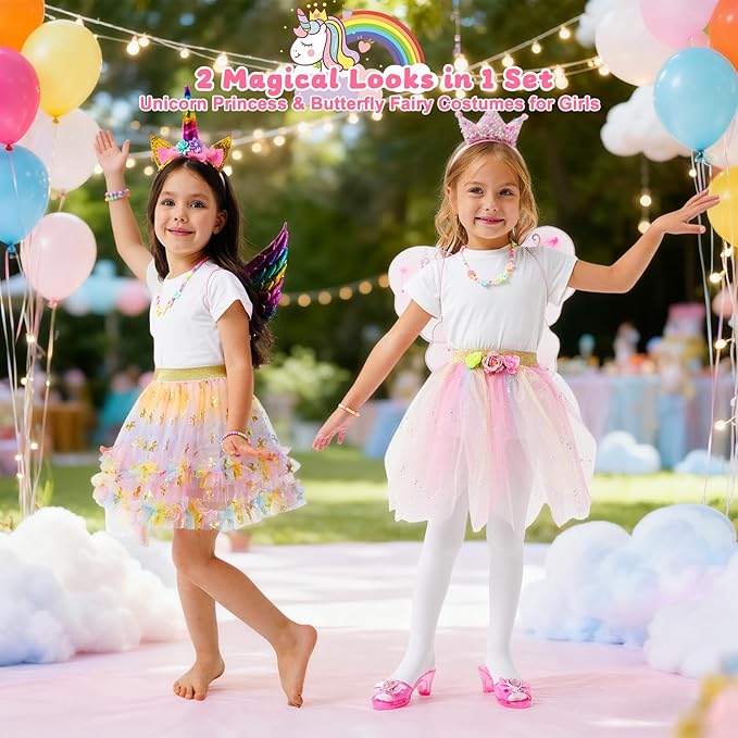 Princess Dress Up Unicorn & Fairy Costume for Girls, Toddler Tutu Set with Wings, Shoes, Jewelry, Headband, Pretend Play Fairy Toys for Girls Ages 3 4 5 Christmas Birthday Gift Rainbow