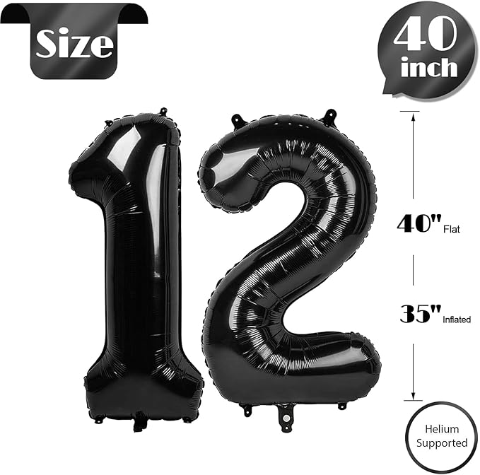 Black Number 12 Balloon 40 inch, 12 Number Balloons, 12th Black Birthday Decorations, 12 Year Old Girls Boys Party Supplies