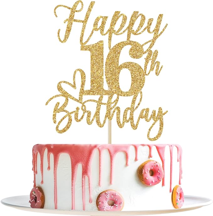 Happy 16th Birthday Cake Topper, 16th Birthday Decorations, Sweet Sixteen, Cheers to 16 Years, 16th Happy Birthday Party Decorations Supplies Gold Glitter