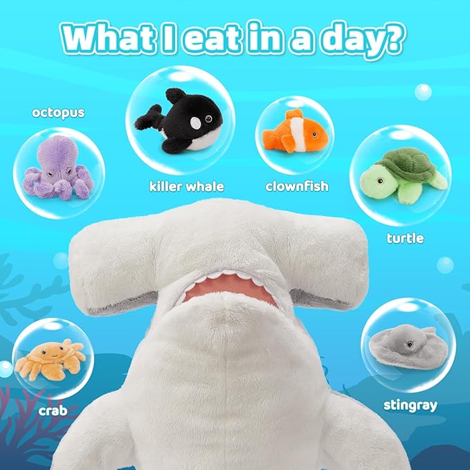 MaoGoLan 7 Pcs Soft Shark Stuffed Animal with 6 Sea Animal Plushies in Belly, Plush Hammerhead Shark Ocean Toys Set for Kids Girls Under The Sea Party Favor Decorations Gifts Christmas