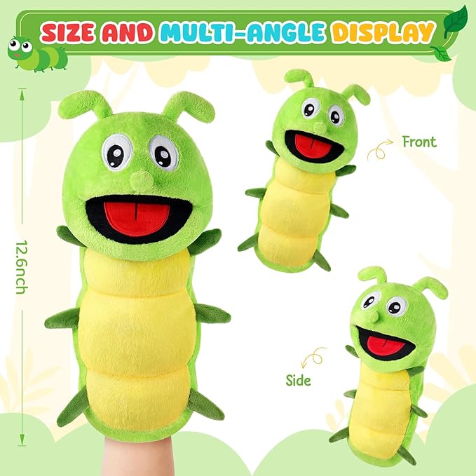 Animal Hand Puppets 11 Inch Insect Plush Ladybug Ant Dragonfly Caterpillar Puppet Toys Role-Play Puppets for Kids Storytelling Imaginative Pretend Play Teaching Preschool(Caterpillar)