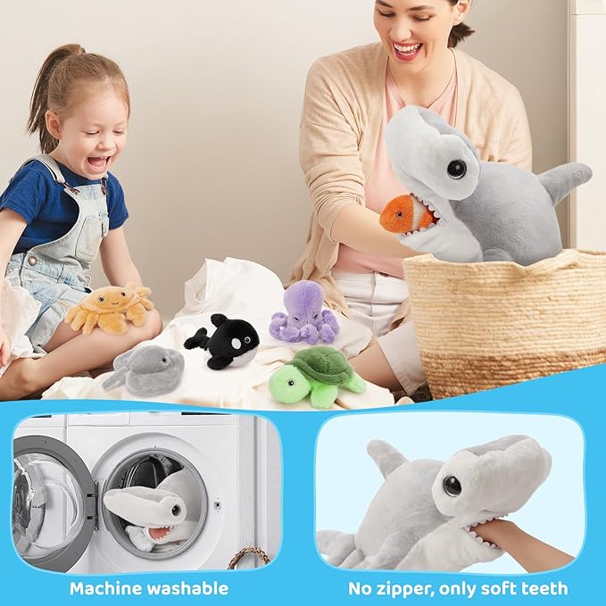 MaoGoLan 7 Pcs Soft Shark Stuffed Animal with 6 Sea Animal Plushies in Belly, Plush Hammerhead Shark Ocean Toys Set for Kids Girls Under The Sea Party Favor Decorations Gifts Christmas