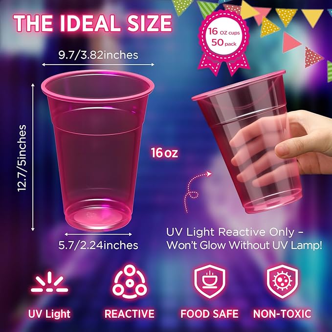 LemonRoad 50 Pack Blacklight Party Glow Cups 16 oz Plastic Neon Cups Disposable Glow in the Dark for Parties Birthdays 80s Themed Events(Pink)
