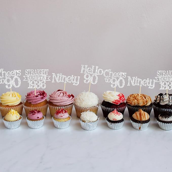 Ephlyn 24Pcs Happy 90th Birthday Cupcake Toppers Glitter Straight Outta 1936 Cupcake Picks Hello 90 Cheers to 90 Years Birthday Cake Decorations for 90th Birthday Anniversary Party Supplies Silver