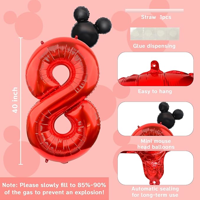 Mouse Number 8 Balloon 40 Inch Red Number 8 Balloon Mini Mouse Head Balloon for 8th Birthday Party, Black Red Large Number 8 Foil Balloon for Baby Shower Anniversary Supplies Decorations