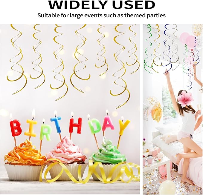 30 Pieces Hanging Swirl Party Decorations Foil Decorations Ceiling Swirl Spiral Hanging Plastic Streamer for Ceiling Birthday Graduation Wedding Celebration Baby Shower Party Supply (Gold)
