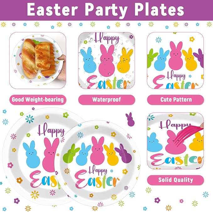 gisgfim 96Pcs Easter Bunny Peeps Party Plates and Napkin Party Supplies Easter Rabbit Party Tableware Set Happy Easter Party Decorations Favors for Spring Party Dinner Holiday Decoration Serve 24