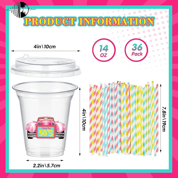 Boao 36 Sets 1950s Party Decorations 50's Rock and Roll Cups with Lids and Paper Straws 14 oz 50s Retro Birthday Plastic Cups 50's Theme Birthday Music Party Supplies