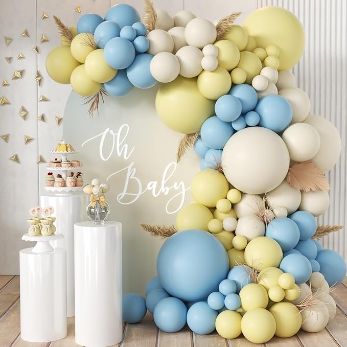 Blue Yellow White Balloon Garland Arch Kit, 155Pcs Latex Balloons Different Size 18 12 10 5 inch for Birthday Baby Shower Wedding Anniversary Party