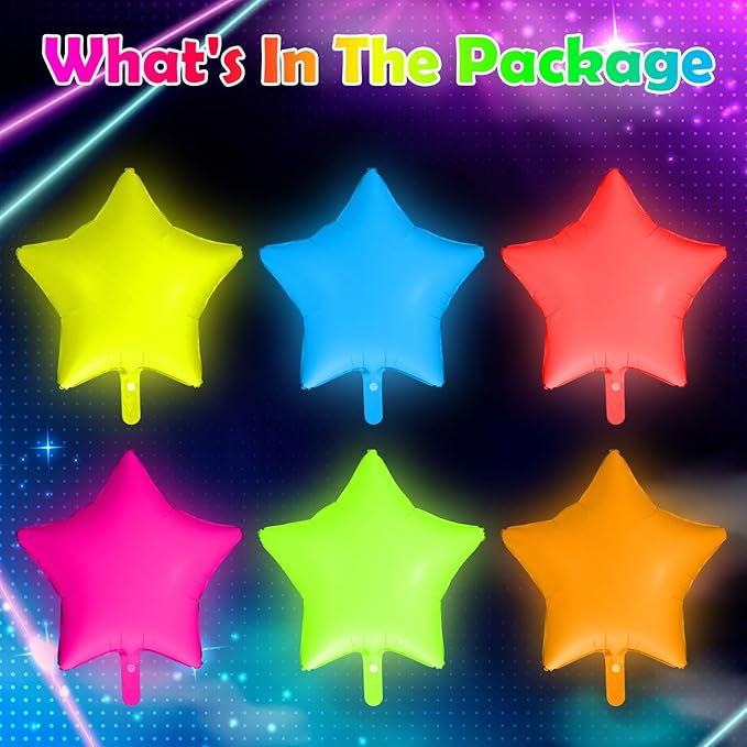12 Pcs 22 Inches Star Glow in the Dark Neon Balloons Glow Party Supplies Neon Foil Balloons 90 80s Hip Hop for Halloween Christmas Birthday Wedding Anniversary Backdrop Decor