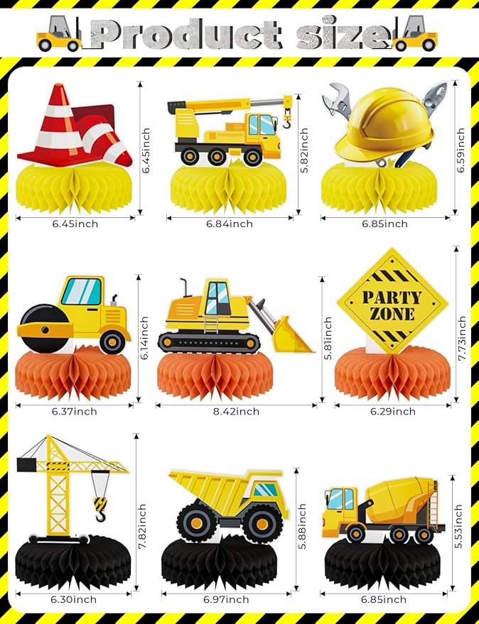 9Pcs Construction Party Decorations, Construction Honeycomb Centerpieces Vehicles Table Decorations Trucks Cars Centerpieces 3D Honeycomb Decoration for Truck Theme Birthday Party Supplies