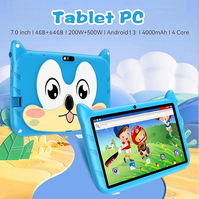 7 Inch Kids Tablet Android 13, WiFi Tablet for Children, 4GB RAM 64GB Storage, Dual Camera, Parental Control, Learning & Entertainment Tablet for Kids (Orange)
