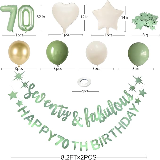 Sage Green Seventy & Fabulous Happy 70th Birthday Banner Garland Foil Balloon 70 for Womens 70th Birthday Decorations Hanging 70 and Fabulous Cheers to 70 Years Old Birthday Party Supplies Backdrop