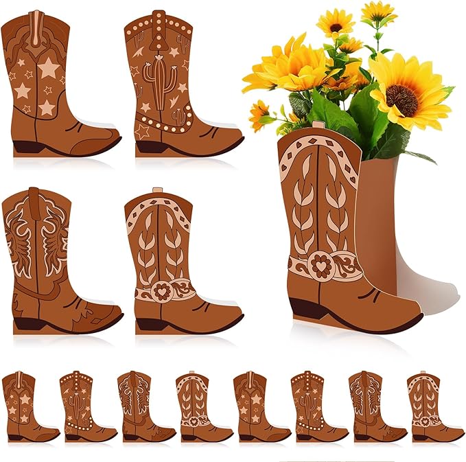 12 Set Western Cowboy Boots Flower Boxes Centerpiece Boot Shape Gift Boxes Party Decoration Vase Centerpieces for Tables for Rodeo Birthday Baby Shower Wedding Supplies
