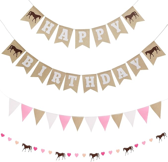 Horse Birthday Decorations – Happy Birthday Burlap Banner – Felt Horse Garland and Pennant Banner – Horse Party Supplies