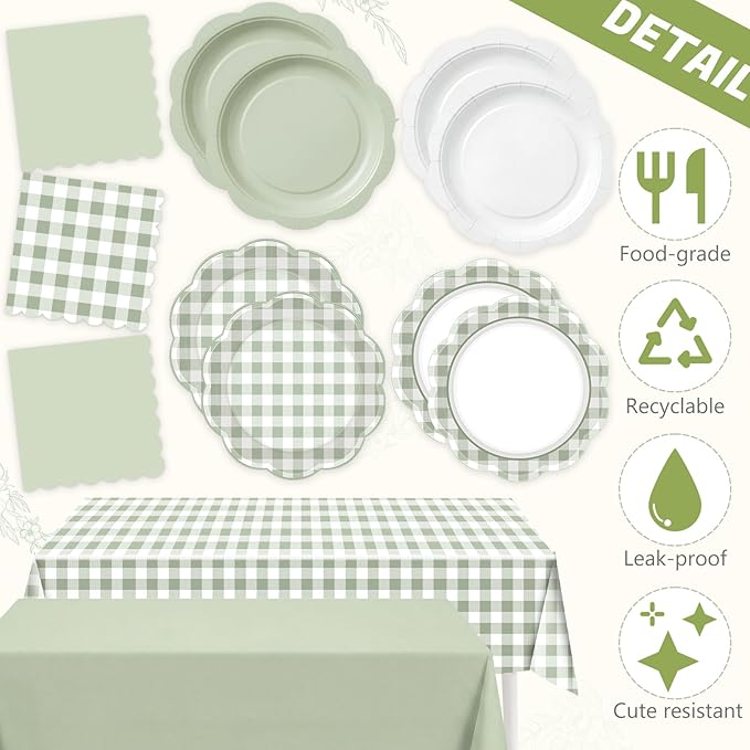 LemonRoad 100 Pcs Sage Green Gingham Paper Plates Napkins Plastic Tablecloth Set for 24, Green White Disposable Dinner Dessert Scalloped Plates for Baby Shower Picnic Birthday Party Supply Decoration