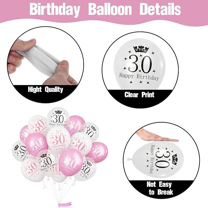 Pink 30th Birthday Decorations for Women, Pack of 15 Happy 30th Birthday Balloons Pink White Transparent Latex Balloons Decor for Age 30 Year Old Lady Birthday Celebration Party Decorations Supplies