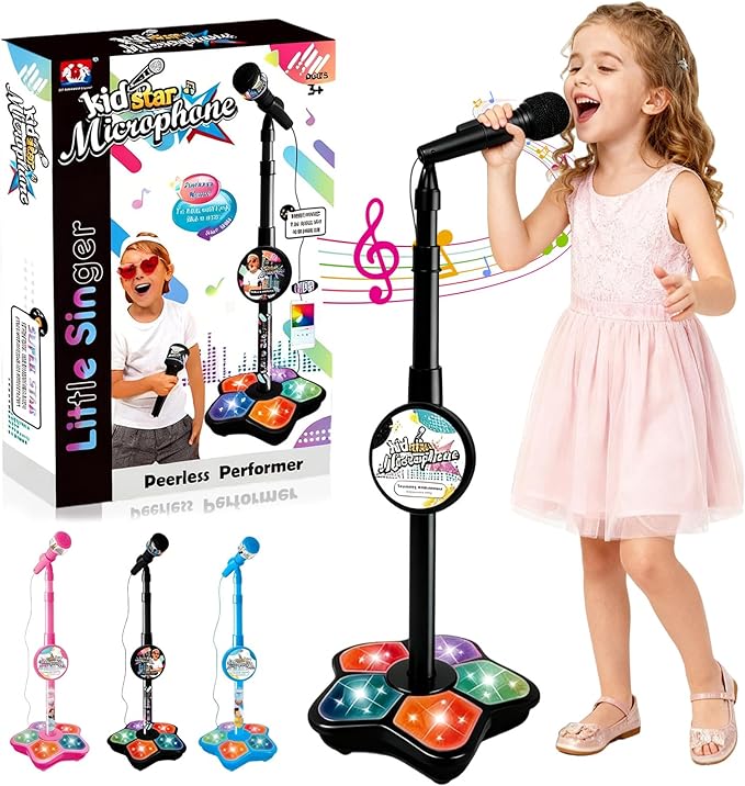 2026 New All-in-One Microphone Toy, Kids Microphone with Adjustable Stand, Speaker & LED Lights, Funny Karaoke Microphones Toy for Boys & Girls, Christmas Birthday Gifts for Little Singers (Black)