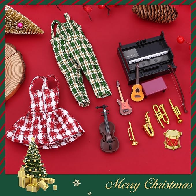 Christmas Elf Doll Accessories Set - 14Pcs Elf Doll Music Accessories Include Formal Dress,Piano and Guitar Instrument Set for Elf Dollhouse,Xmas Elf Clothes and Toy Accessories