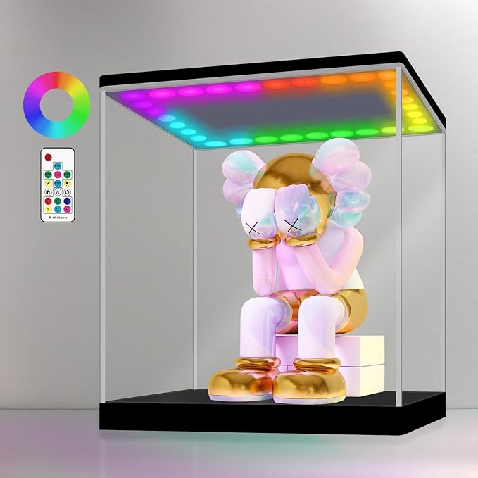 LANSCOERY RGB Lighted Acrylic Display Case, Dustproof Showcase Box with UV Protection for Figures, Collectibles, Toys - 17.7x17.7x17.7inch