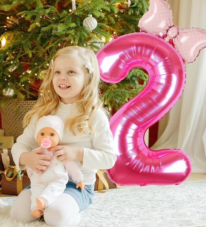 40 Inch Pink Number 2 Balloon with Mini Bow Balloon for Girls 2nd Birthday Decorations, Mouse Pink Princess Western Cowgirl Theme Birthday Party Balloons Decorations Supplies