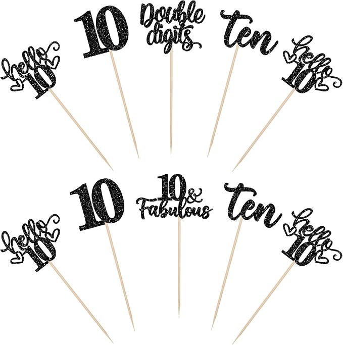 15PCS Happy 10th Birthday Centerpiece Sticks Ten Hello 10 Cheers to 10 Birthday Table Flower Centerpieces Sticks Double Digits 10 Fabulous Floral Decoration for 10th Birthday Party Centerpieces Black