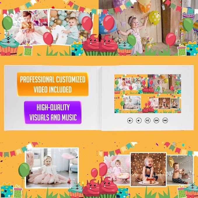 Custom Baby Birthday Video Greeting Card – Add Photos for Unique Animated Gift – Charming Keepsake for Little Ones – 7” IPS Display, 256MB Memory, USB Rechargeable, Gift-Ready Feature