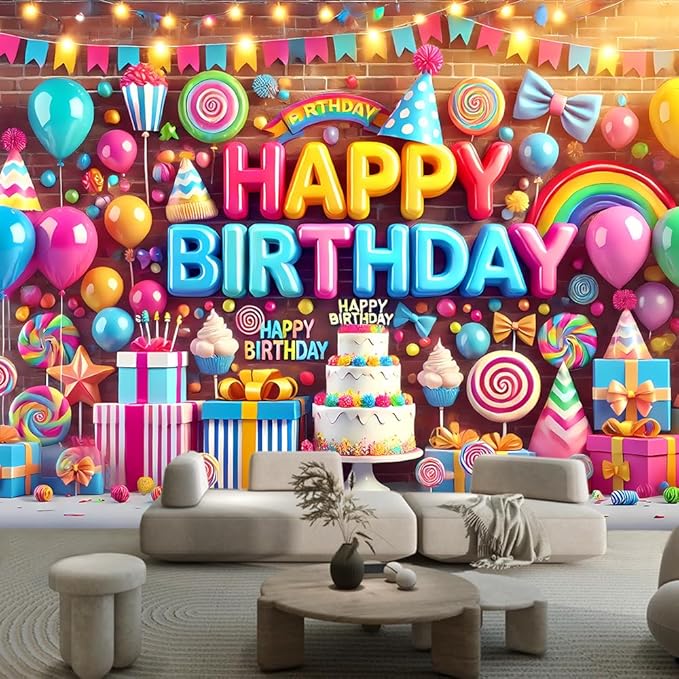 Colorful Birthday Party Backdrop Bright Happy Birthday Banner Vivid Photography Background for Kids Teens Party Supplies 70.8 x 47.2 Inch