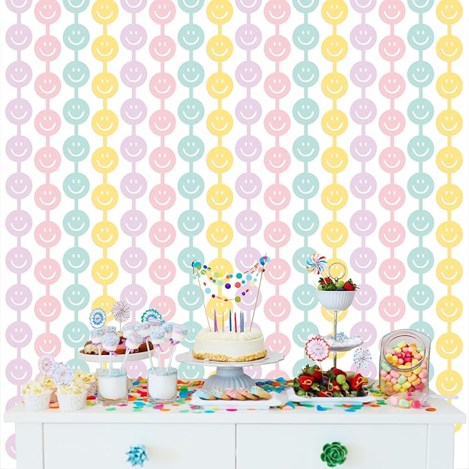 Tellingyou 2 Set Smile Face Foil Curtain Smile Party Decorations Happy Pastel Birthday Decor Macaron Color Bachelorette Backdrop Booth Prop Preppy Party Baby Shower Supplies